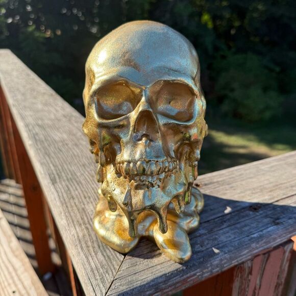 NEW Melted Metallic Gold Skull Art Sculpture 8” - Picture 2 of 6